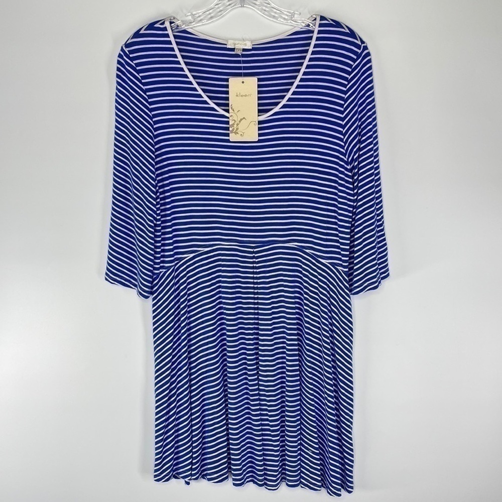 Heartstring By Kleen Blue & White Striped 3/4 Sleeve Dress Size Medium NWT